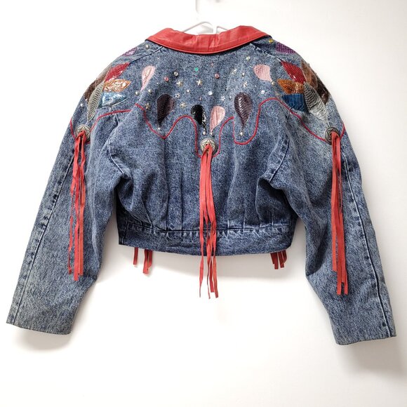 Vintage 80's Diamond Denim & Leather Jacket Western Cowgirl Fringe - Picture 2 of 6